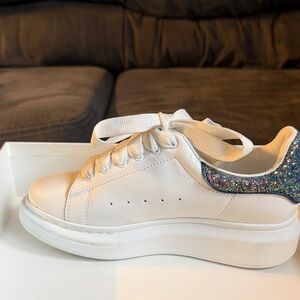 Alexander McQueen White Sneakers with Multicolor Glitter Heel